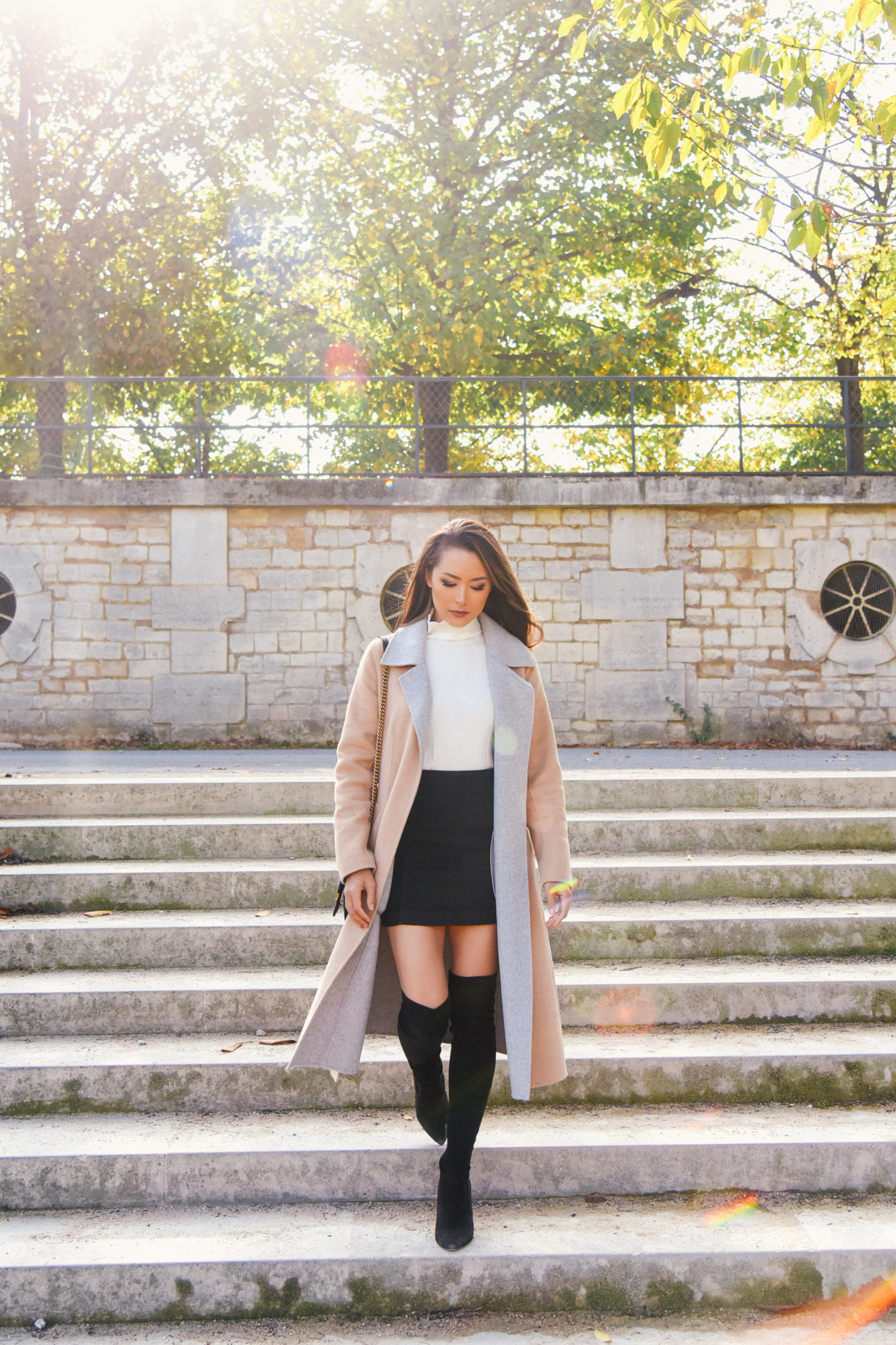 trench, paris, outfit, fashion, banana republic coat, camel coat, turtleneck, miniskirt, over the knee boots