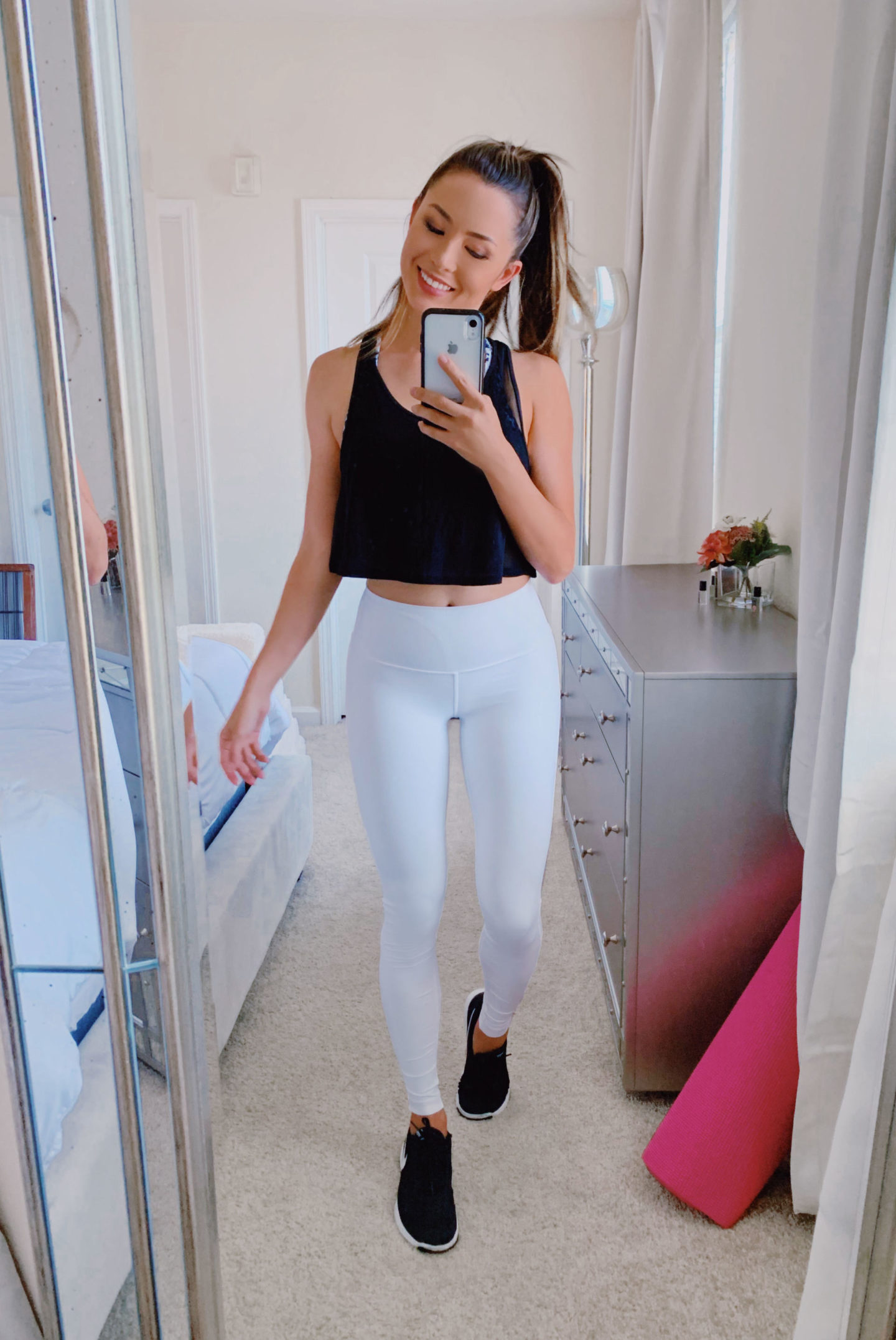 workout outfit white leggings black tank top gym look