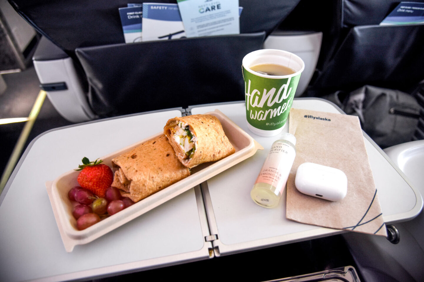 alaska air, in flight meal, first class, covid safe, flying during covid, next level care, chicken curry wrap