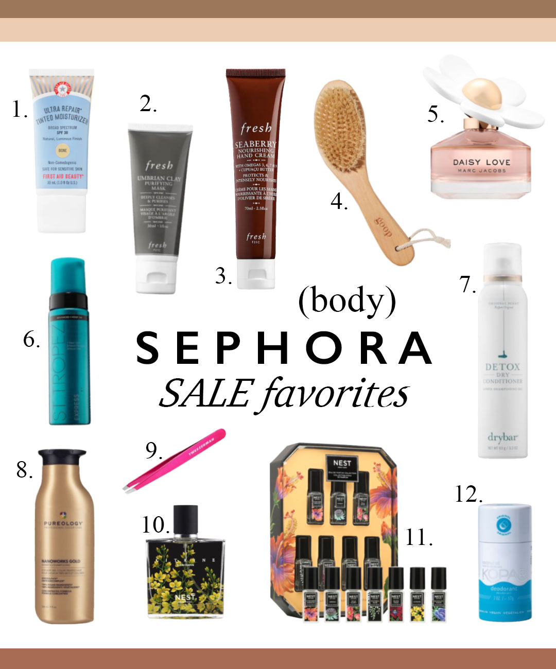 sephora, spring sale, makeup, beauty, self tanner, sunscreen, hand cream, perfume, shampoo, deodorant, dry brush
