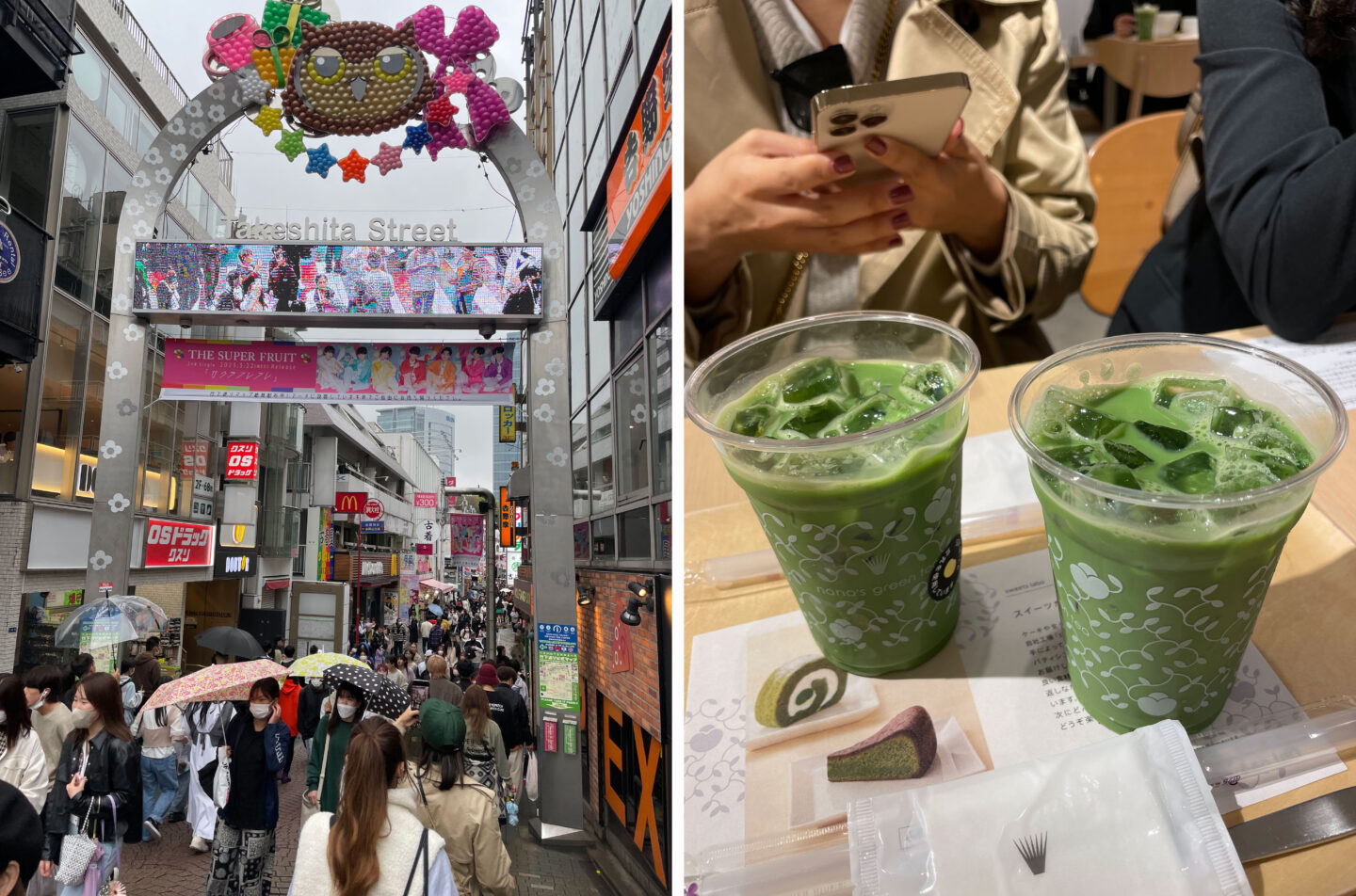 On the left: A snap of busy Takeshita street which is in Harajuku, On the right: Nanas Green Tea, 2 matcha lattes
