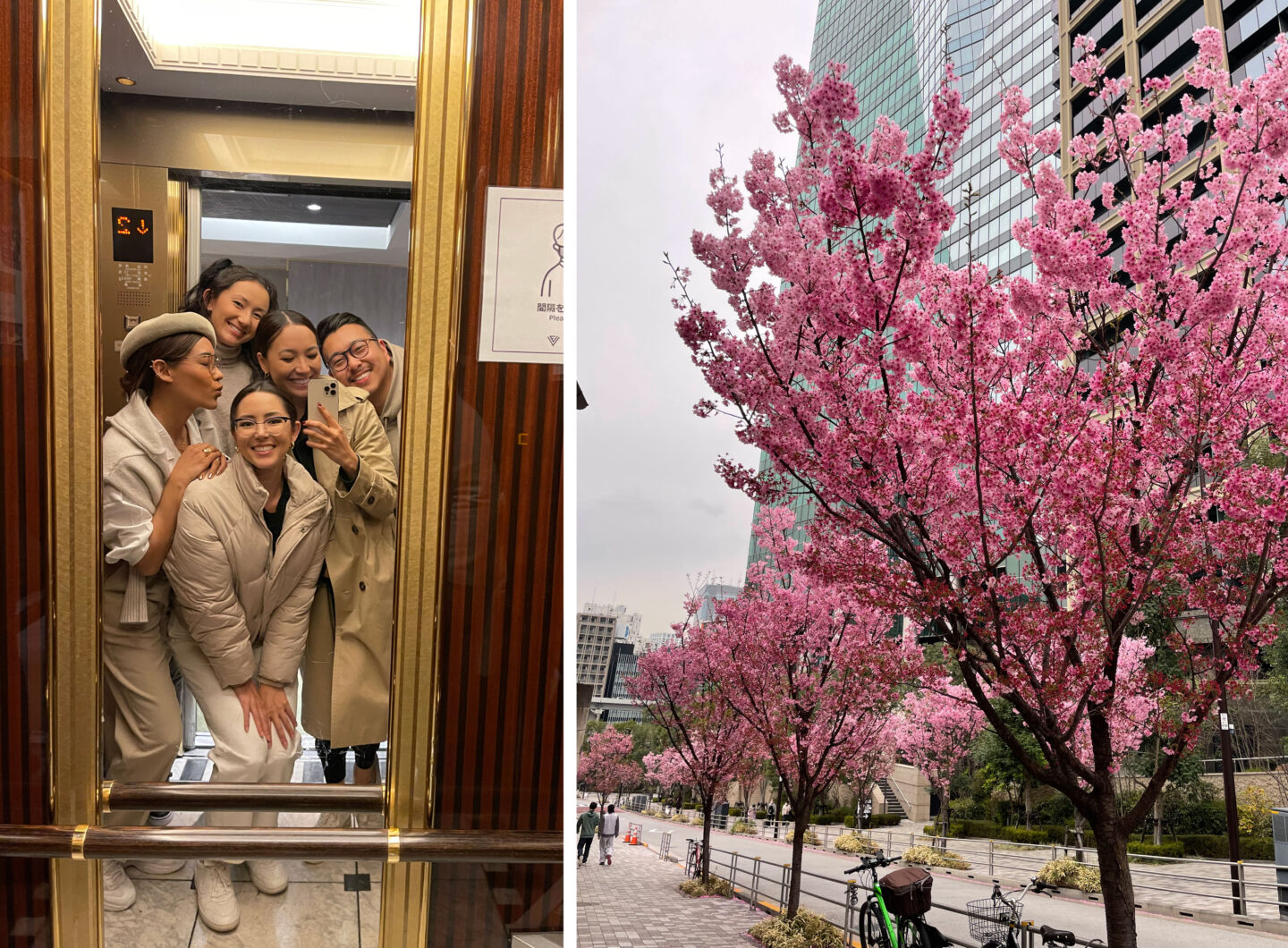 An elevator group selfie! On the right is a photo of the street next to our hotell! So pretty
